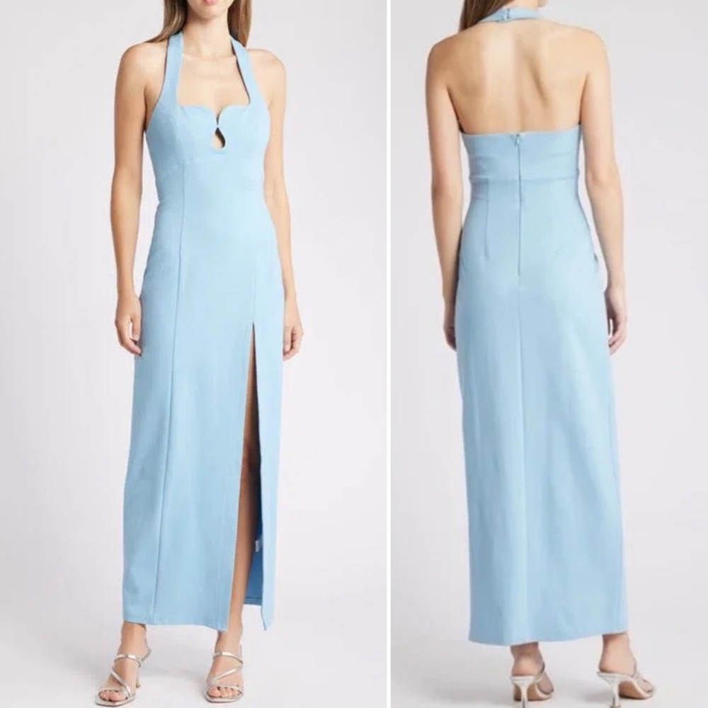 Elliatt Tuning Halter Neck Column Puzzle Blue Cutout Gown Maxi Dress Small $209